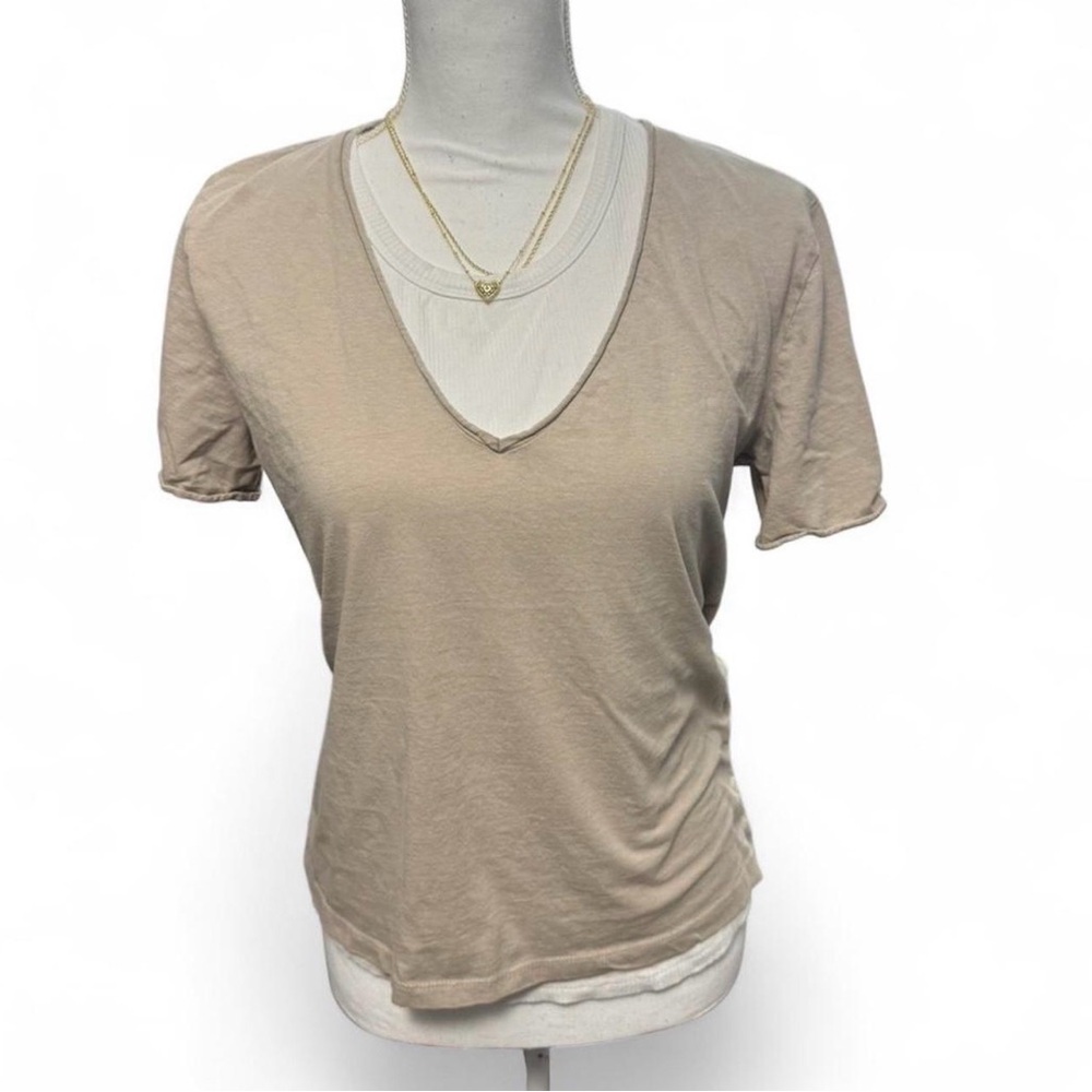Zara Layered-Look V-Neck Short Sleeve Top - Beige & White